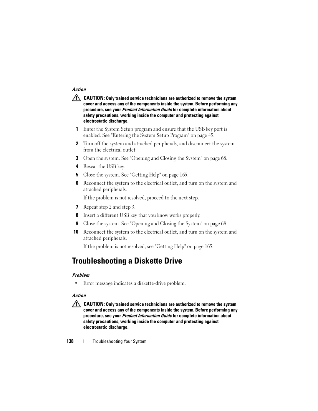 Dell R300 owner manual Troubleshooting a Diskette Drive, Error message indicates a diskette-drive problem, 138 