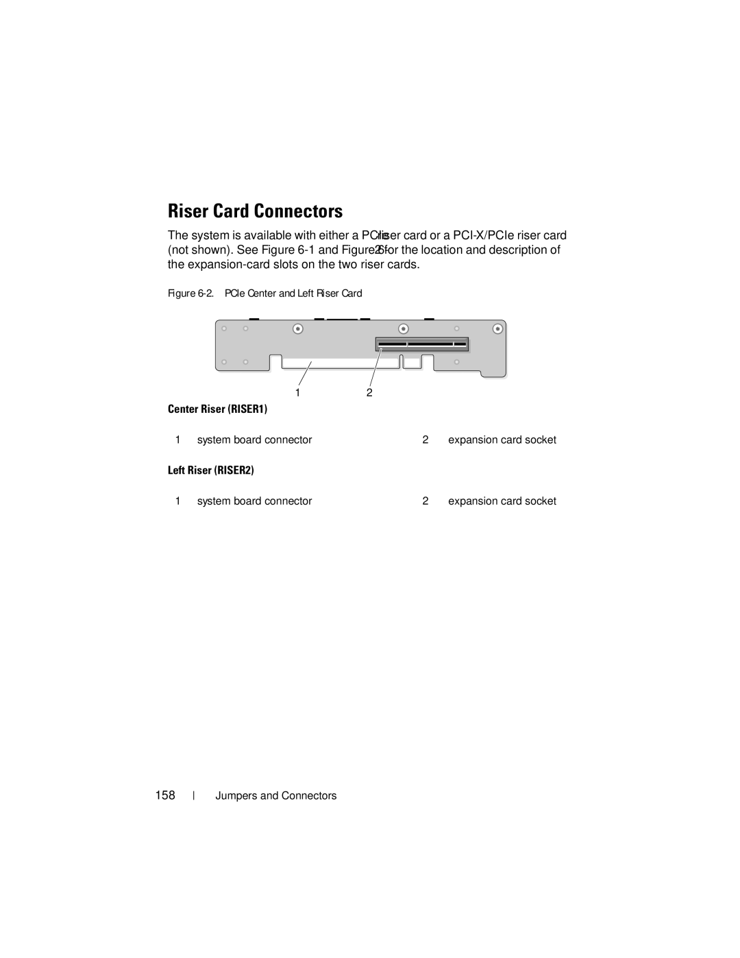 Dell R300 owner manual Riser Card Connectors, Center Riser RISER1, Left Riser RISER2, 158, System board connector 