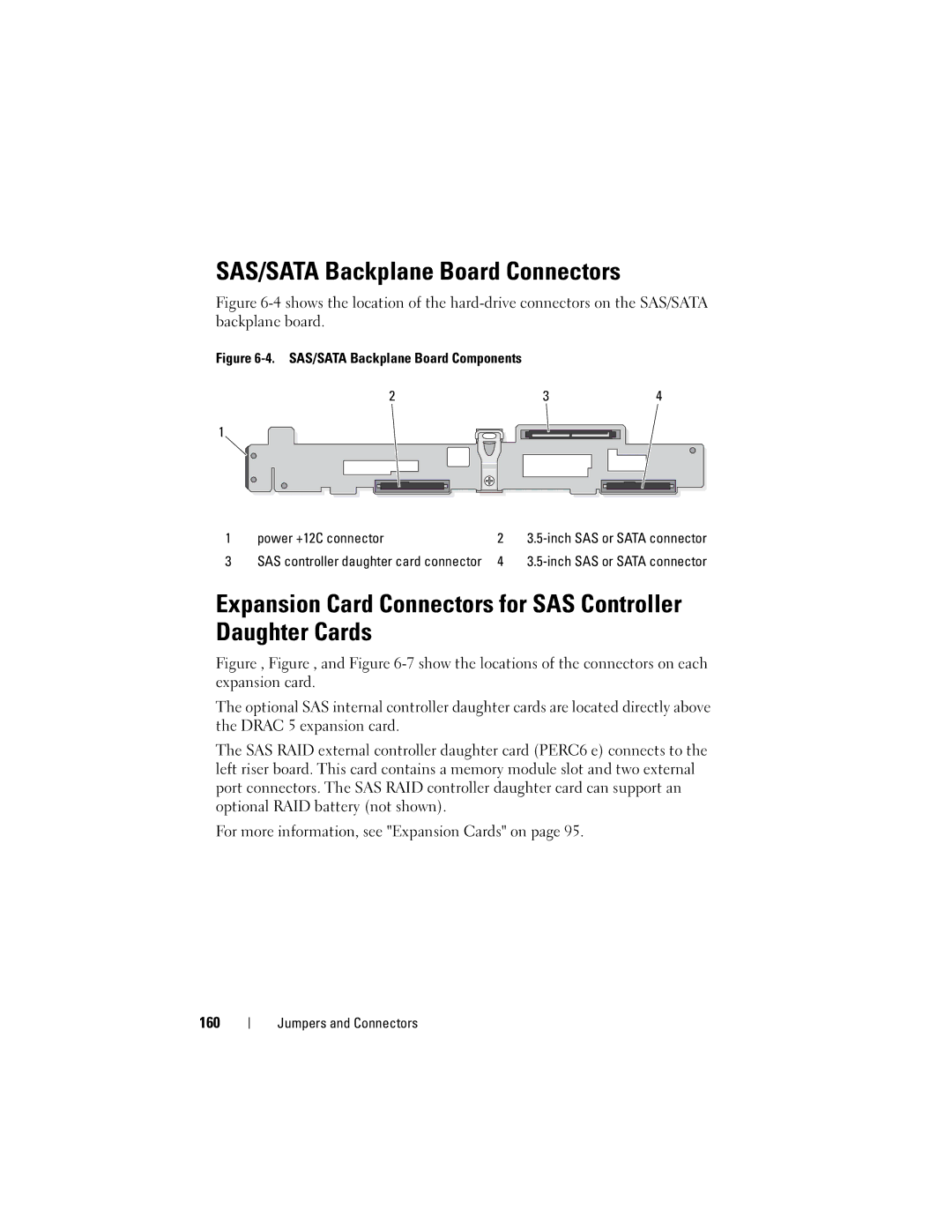 Dell R300 owner manual SAS/SATA Backplane Board Connectors, Expansion Card Connectors for SAS Controller Daughter Cards 