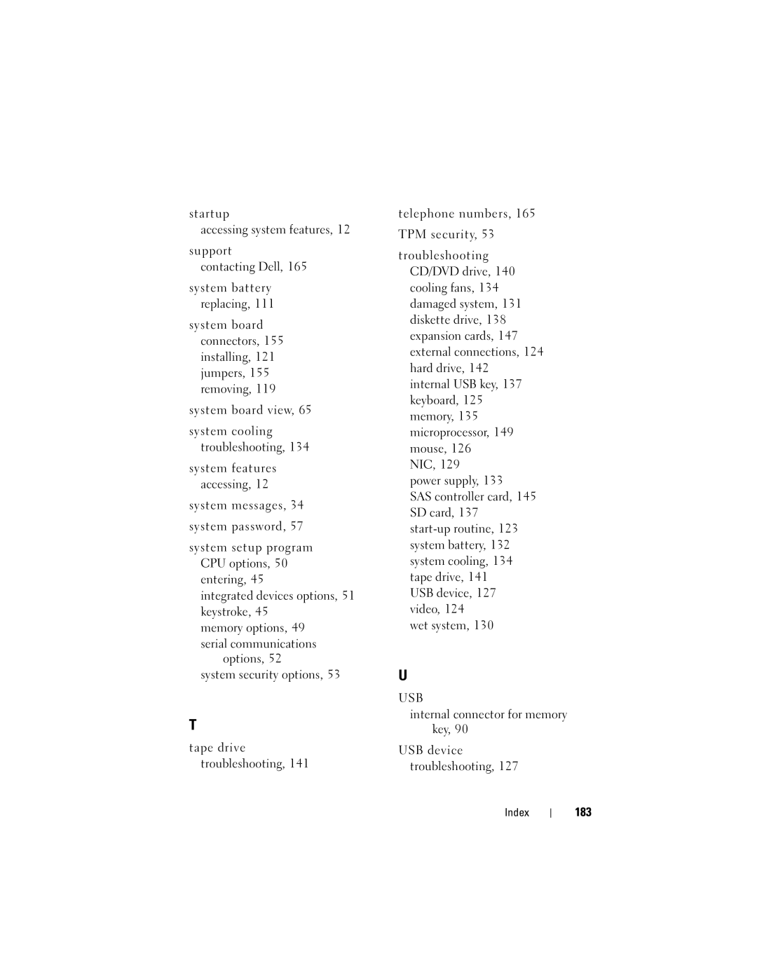 Dell R300 owner manual Internal connector for memory key USB device troubleshooting, 183 