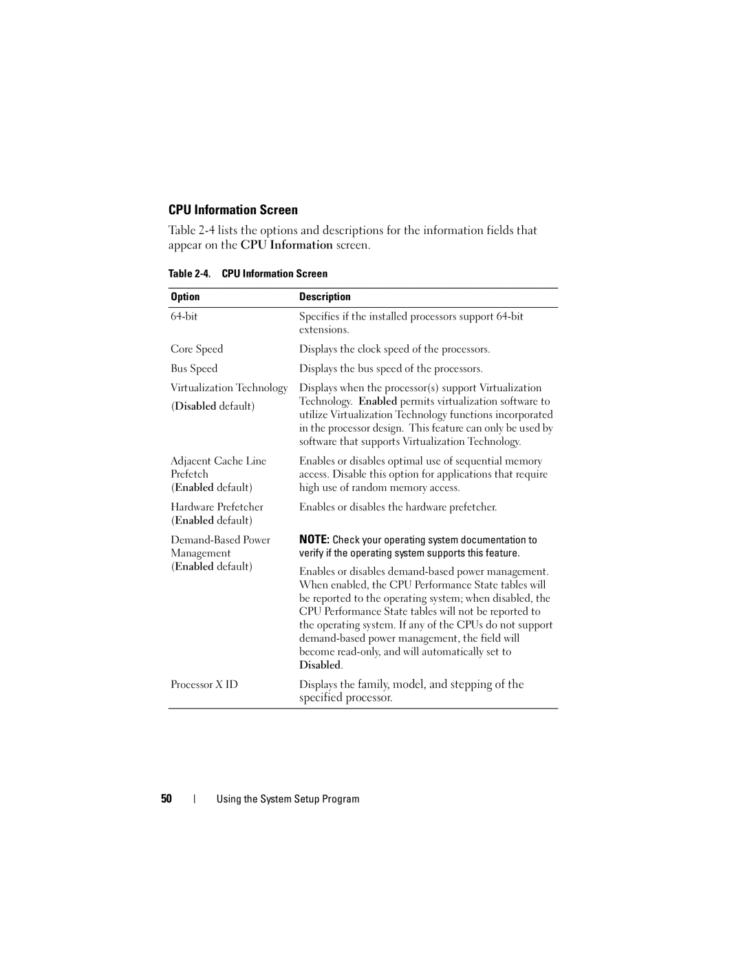 Dell R300 owner manual CPU Information Screen, Displays the family, model, and stepping, Specified processor 