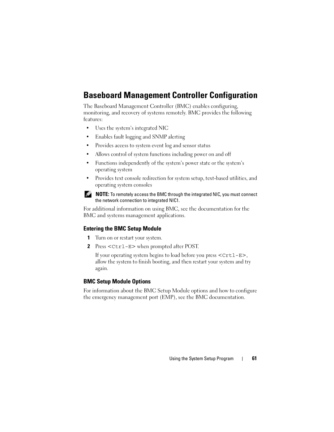 Dell R300 Baseboard Management Controller Configuration, Entering the BMC Setup Module, BMC Setup Module Options 