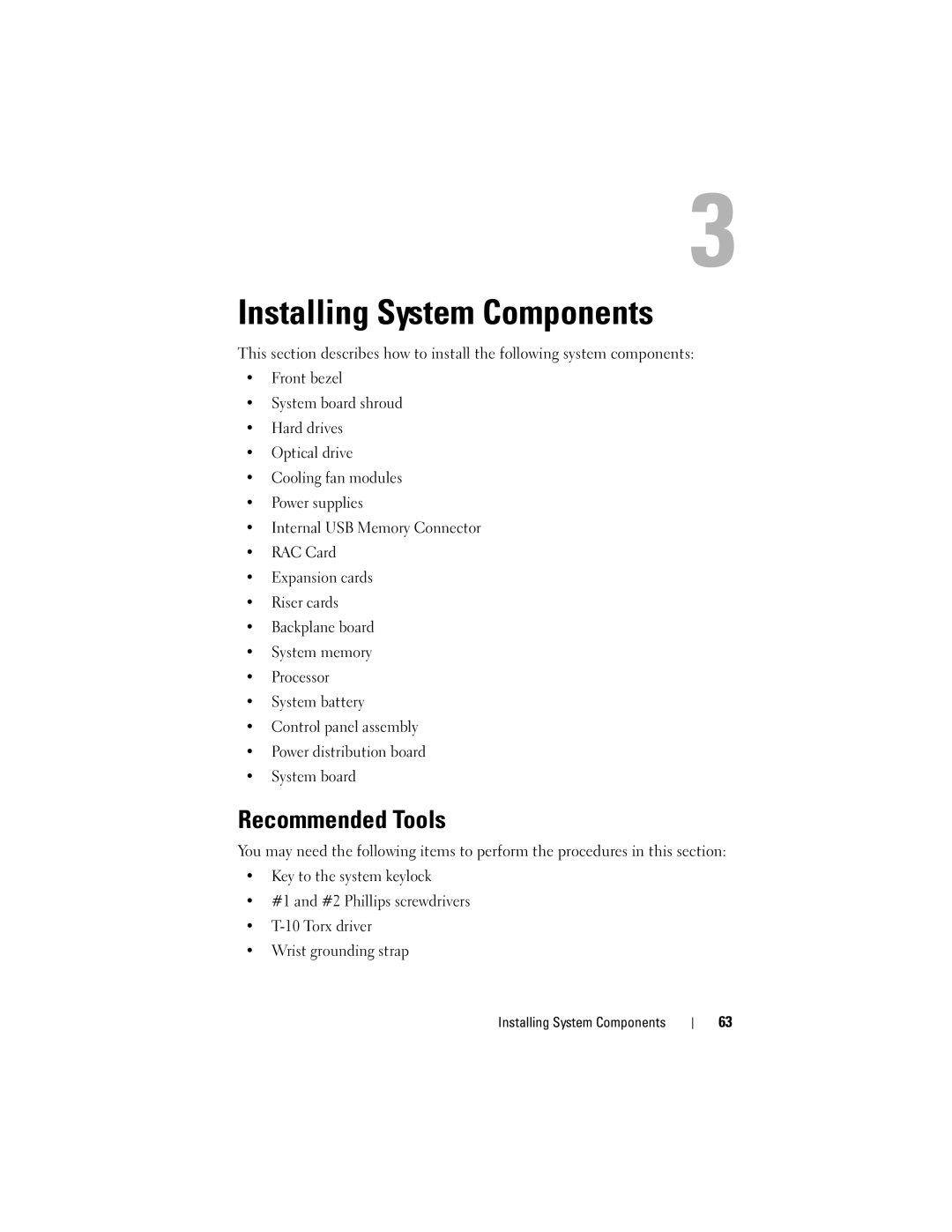 Dell R300 owner manual Recommended Tools, Installing System Components 