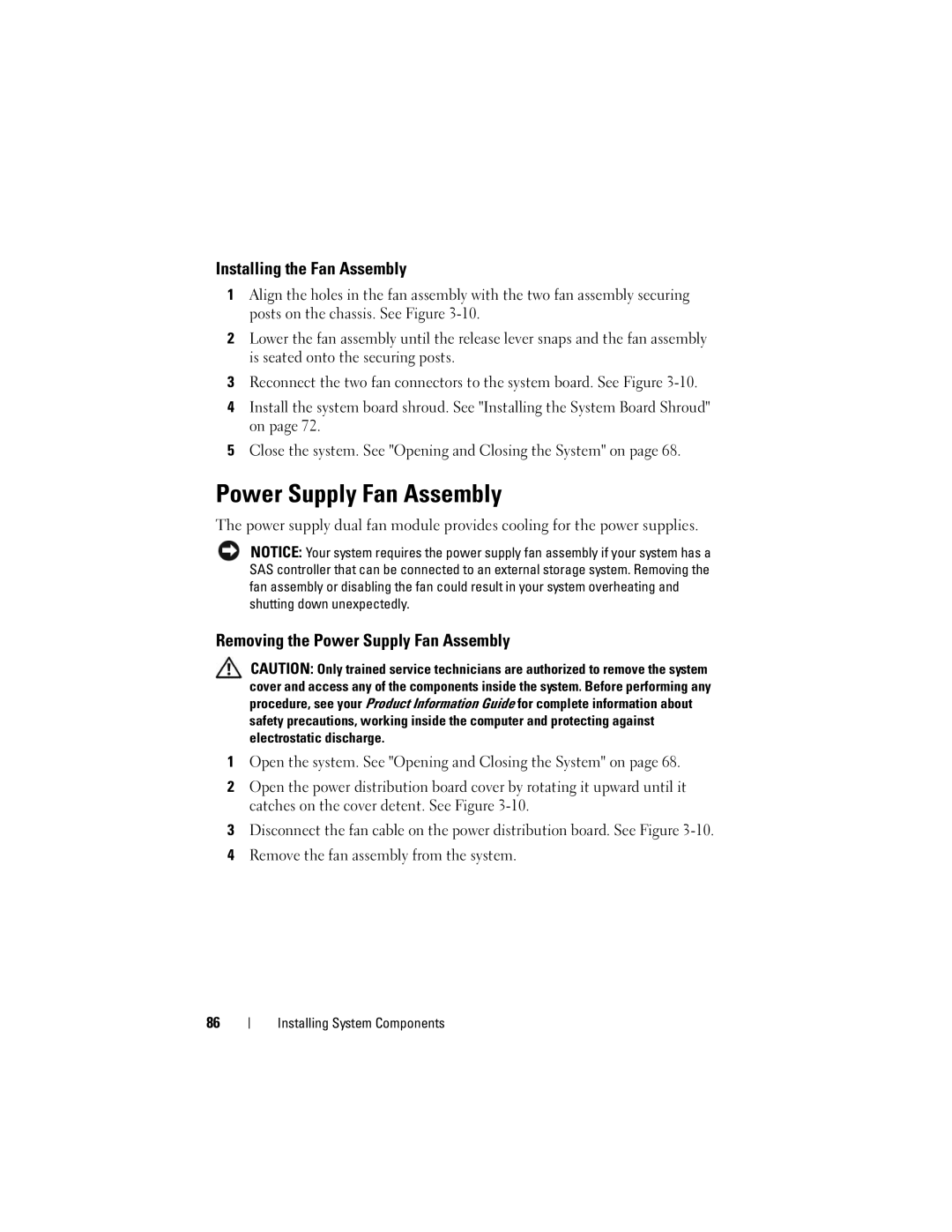 Dell R300 owner manual Installing the Fan Assembly, Removing the Power Supply Fan Assembly 