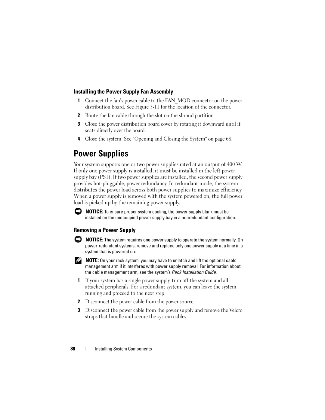 Dell R300 owner manual Power Supplies, Installing the Power Supply Fan Assembly, Removing a Power Supply 