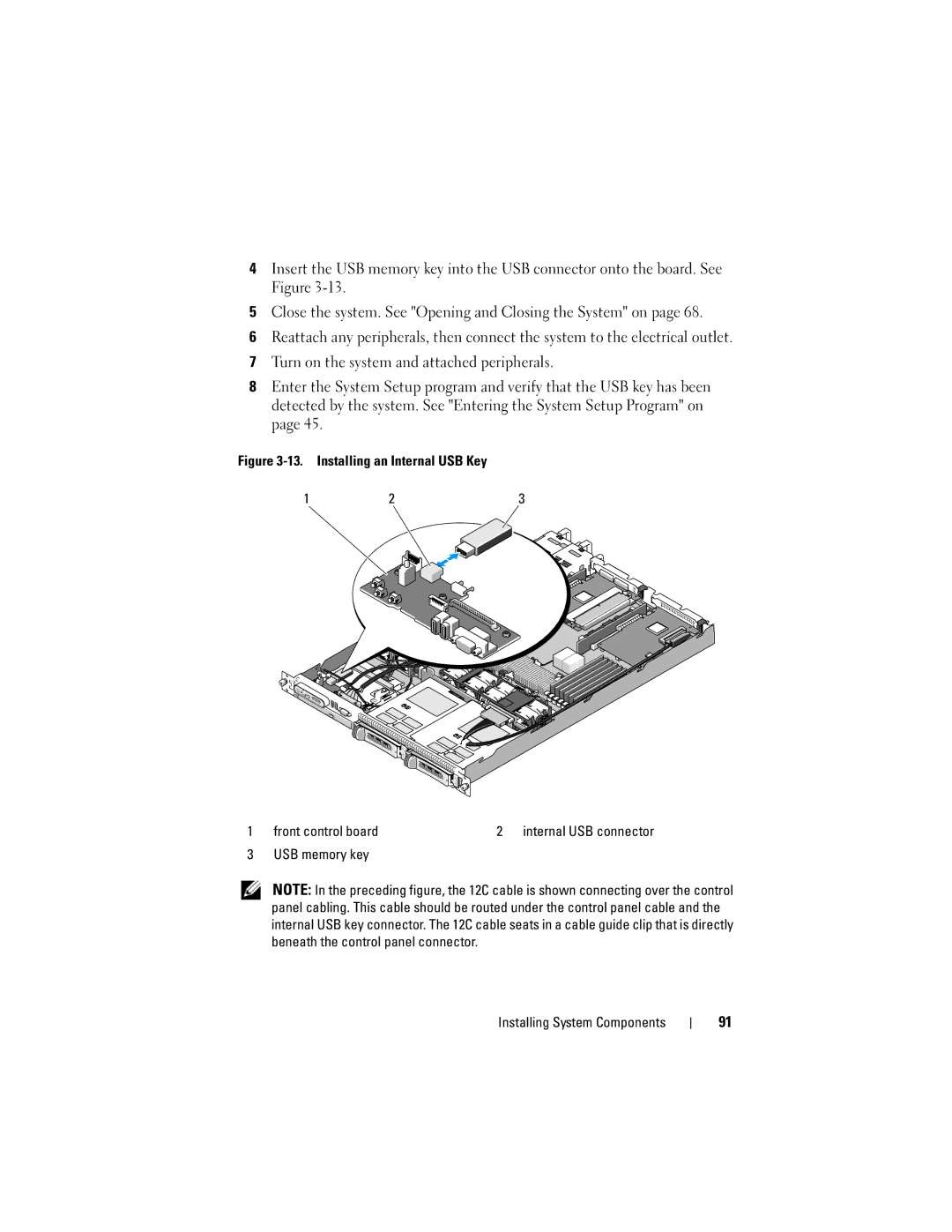 Dell R300 owner manual Installing an Internal USB Key Front control board, USB memory key Installing System Components 