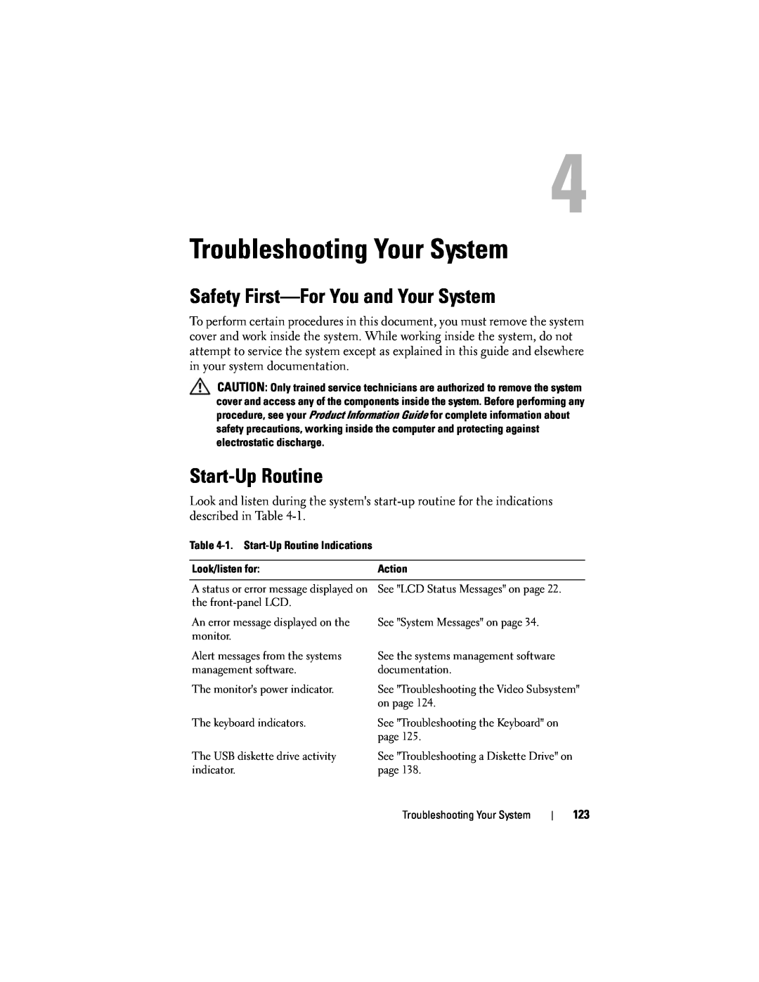 Dell R300 owner manual Troubleshooting Your System, Safety First-For You and Your System, Start-Up Routine 