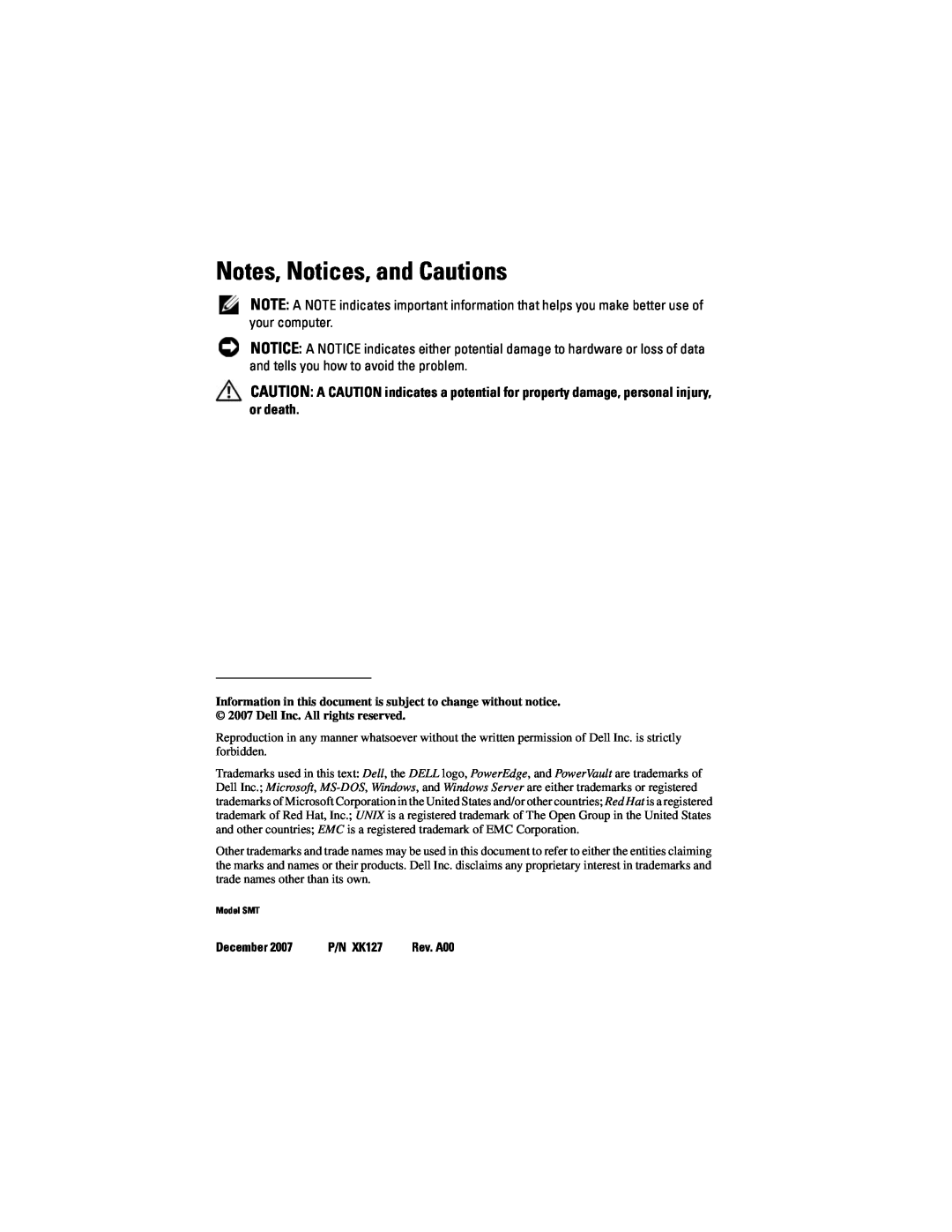Dell R300 owner manual Notes, Notices, and Cautions, December, P/N XK127 