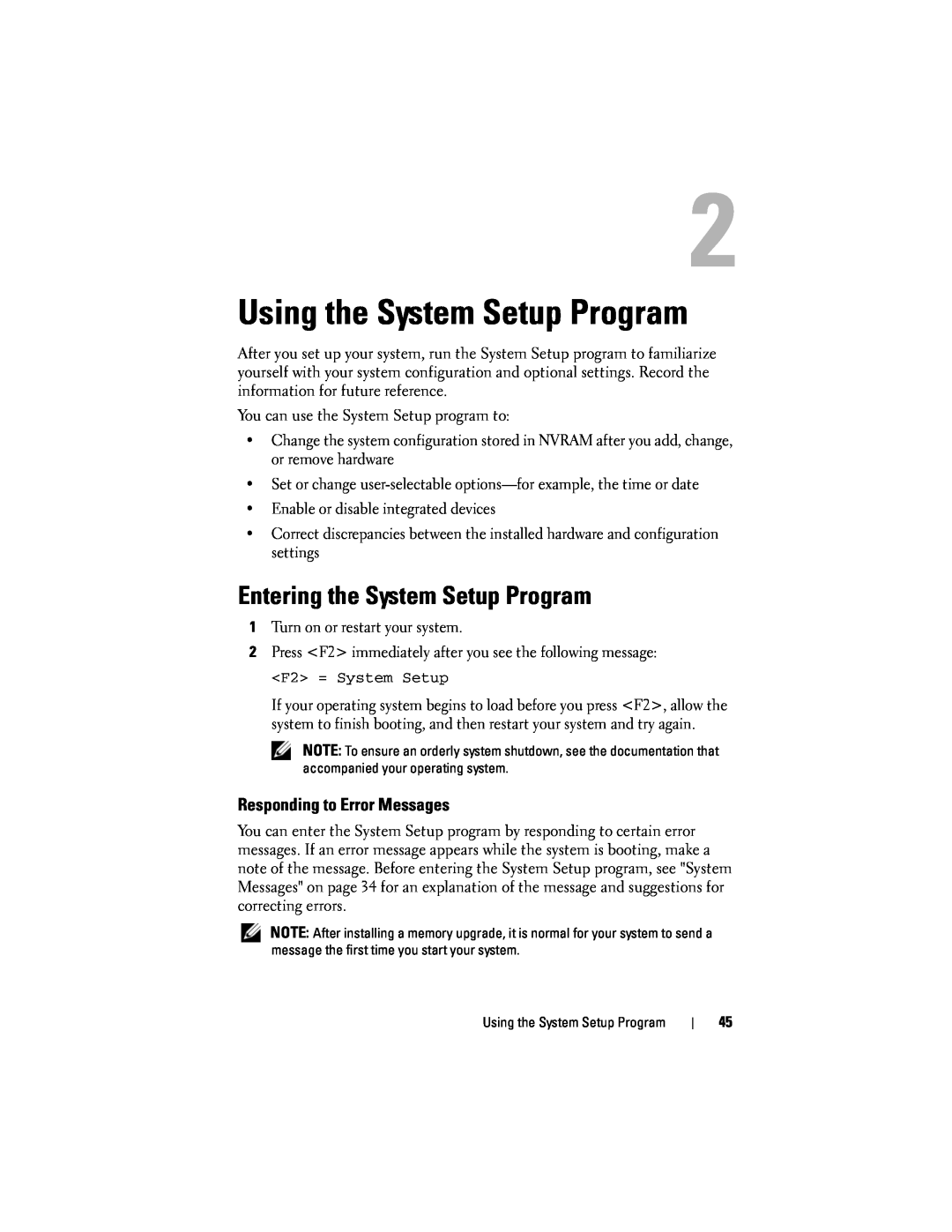 Dell R300 owner manual Using the System Setup Program, Entering the System Setup Program, Responding to Error Messages 
