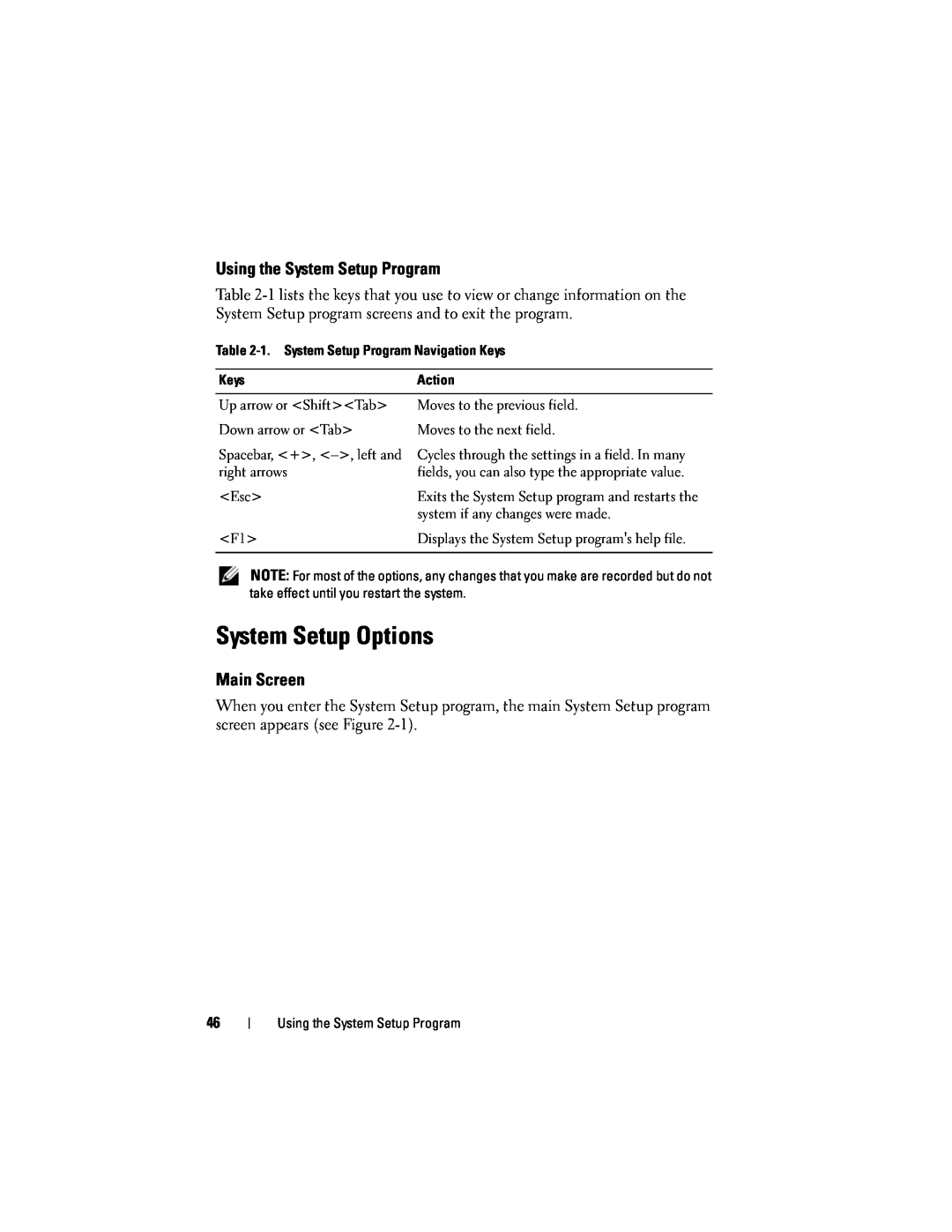 Dell R300 owner manual System Setup Options, Using the System Setup Program, Main Screen 