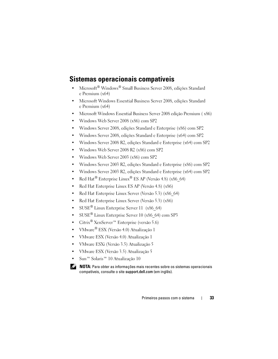 Dell R310 manual Sistemas operacionais compatíveis 