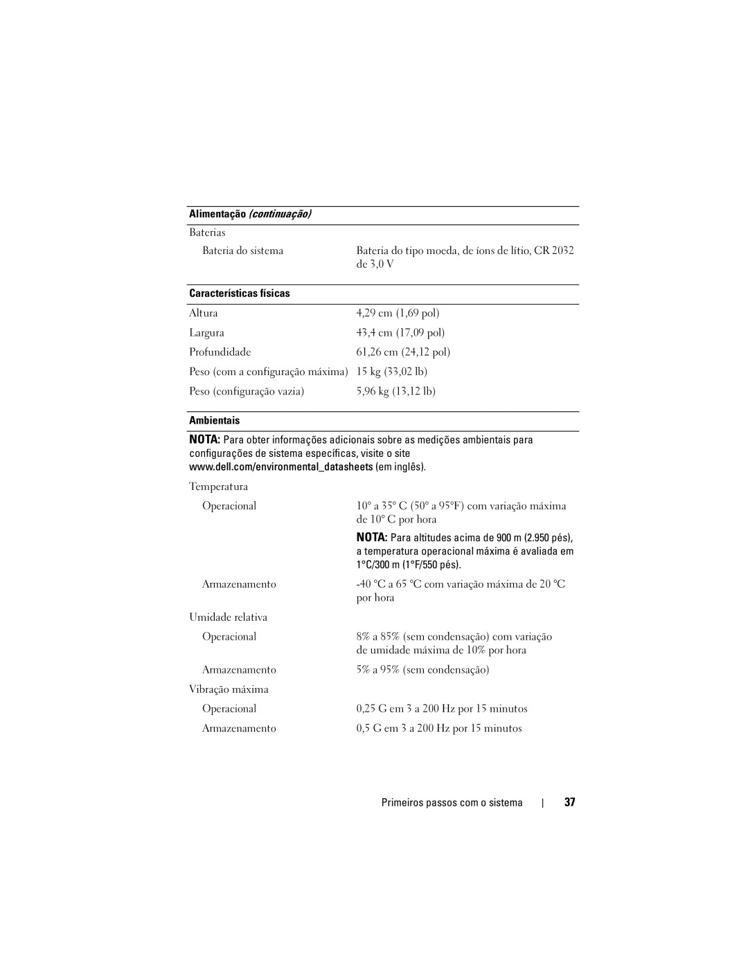 Dell R310 manual Alimentação continuação Baterias 