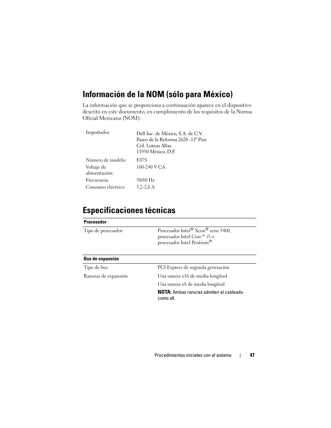 Dell R310 manual Información de la NOM sólo para México, Especificaciones técnicas, V Ca 
