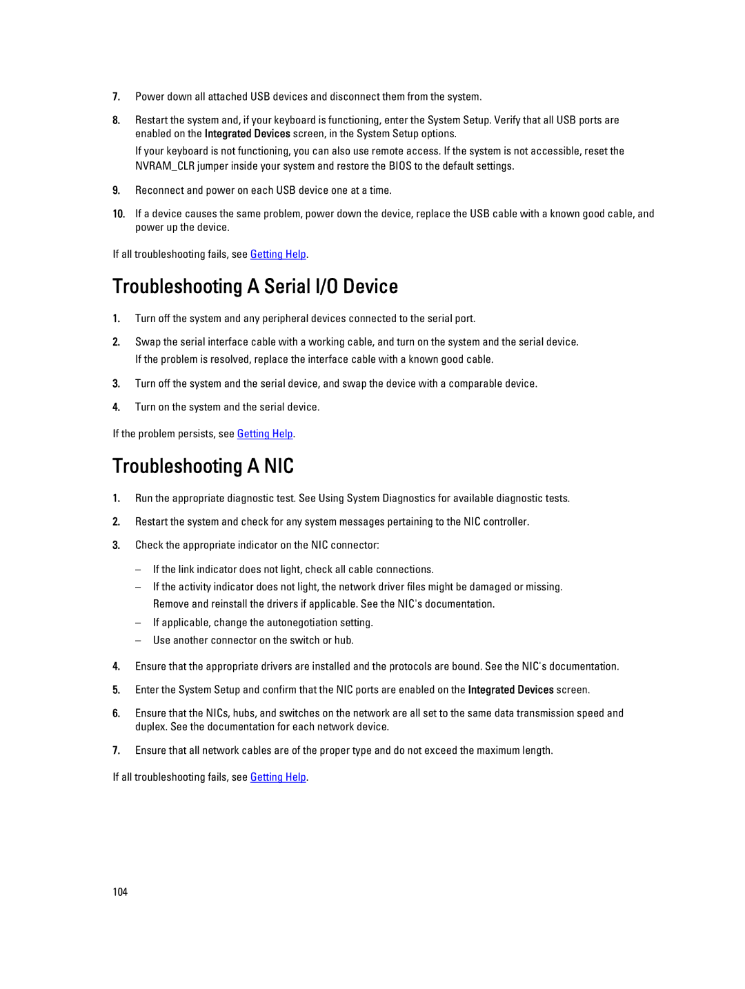 Dell R320 owner manual Troubleshooting a Serial I/O Device, Troubleshooting a NIC 