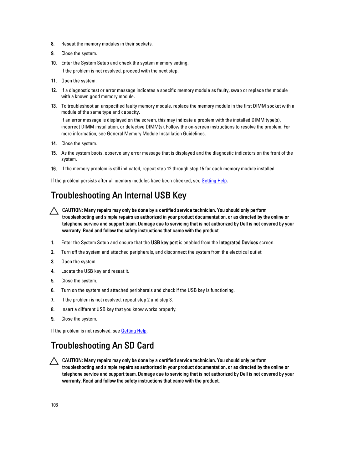 Dell R320 owner manual Troubleshooting An Internal USB Key, Troubleshooting An SD Card 