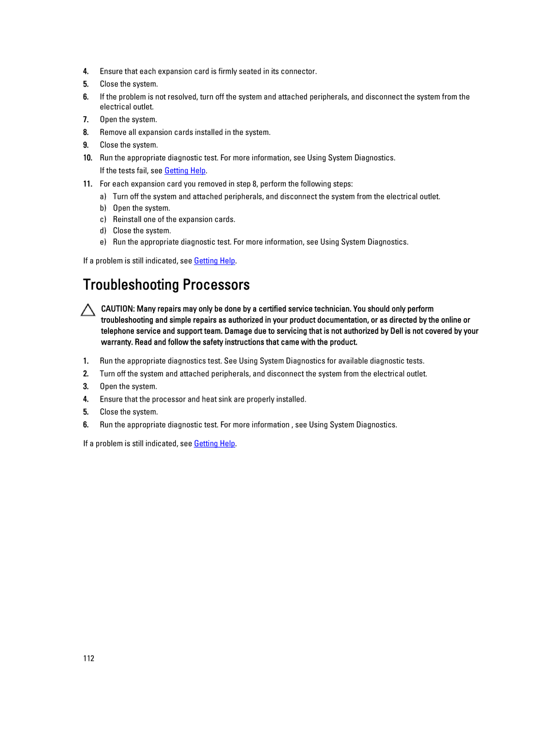 Dell R320 owner manual Troubleshooting Processors 