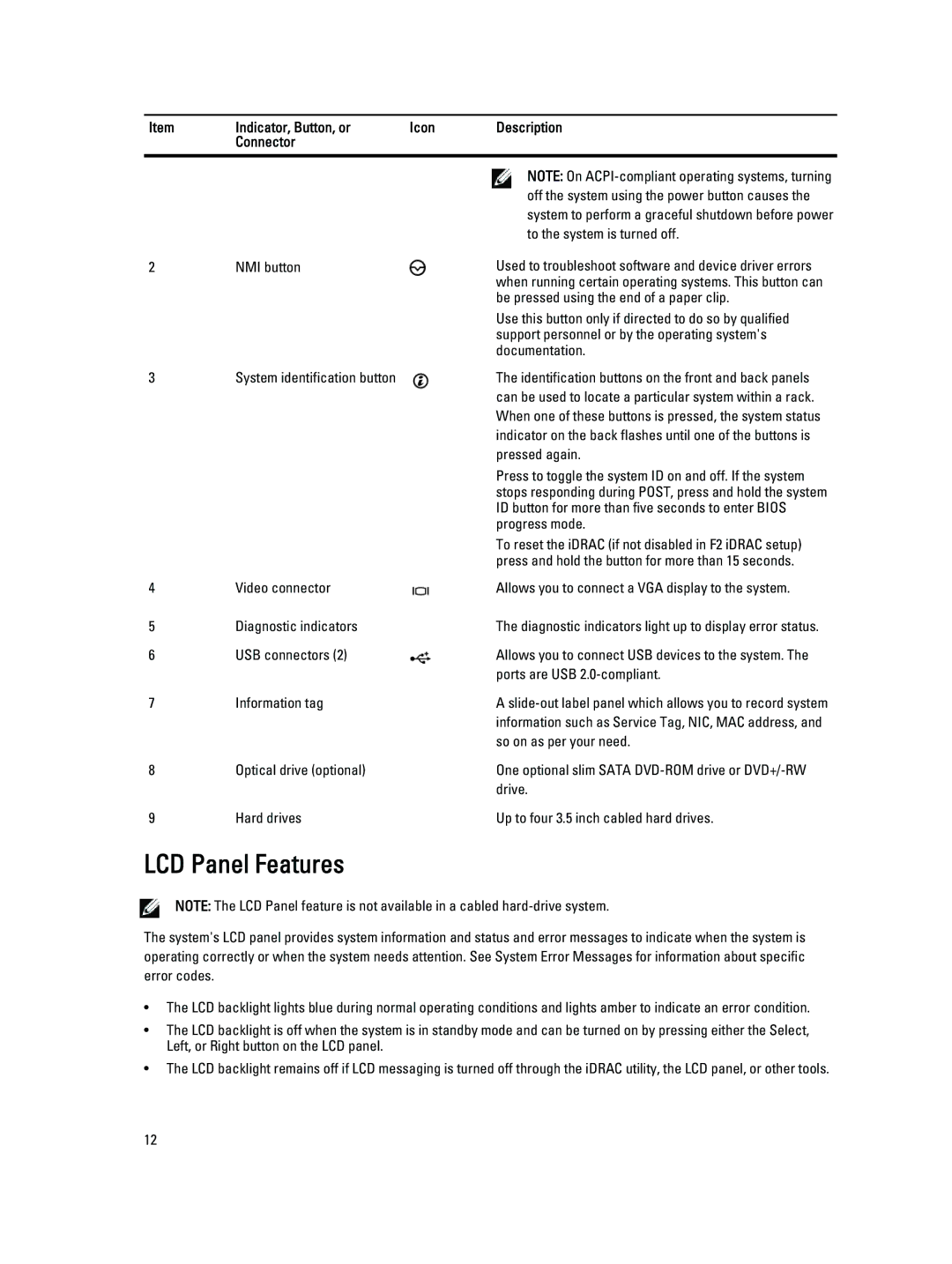 Dell R320 owner manual LCD Panel Features, Pressed again 