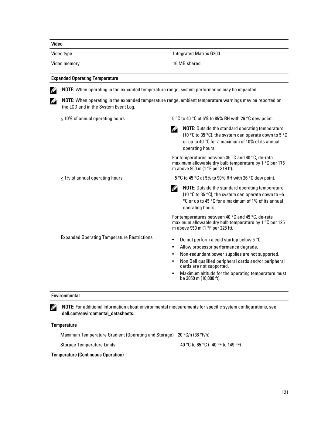 Dell R320 owner manual Video, Expanded Operating Temperature, Environmental Temperature, Temperature Continuous Operation 