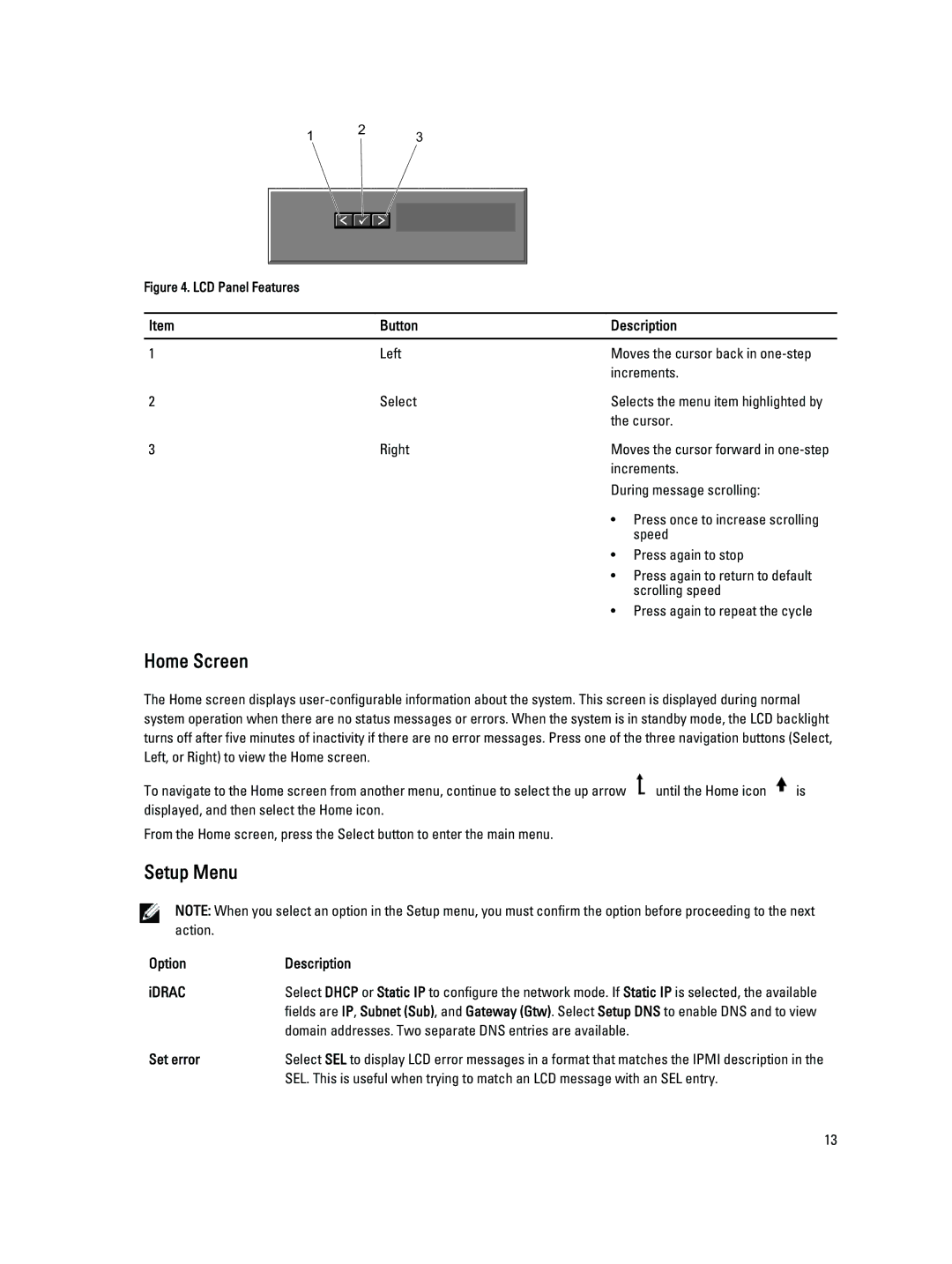 Dell R320 owner manual Home Screen, Setup Menu, Button Description, Option Description IDRAC, Set error 