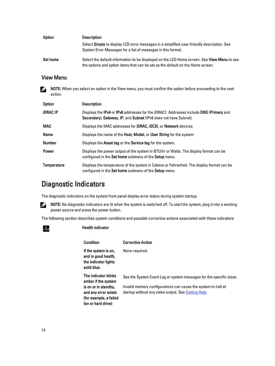 Dell R320 owner manual Diagnostic Indicators, View Menu 