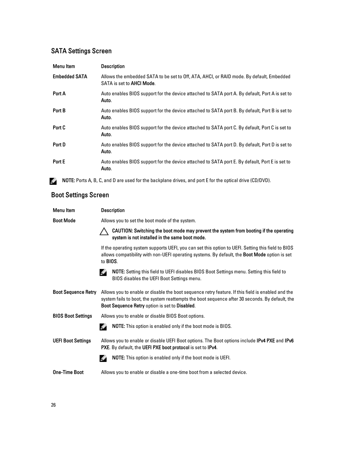 Dell R320 owner manual Sata Settings Screen, Boot Settings Screen 