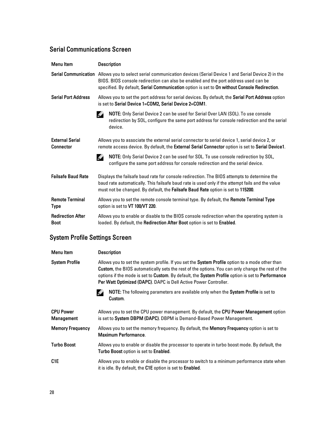 Dell R320 owner manual Serial Communications Screen, System Profile Settings Screen 