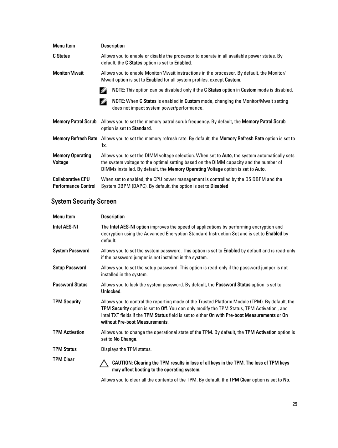 Dell R320 owner manual System Security Screen 