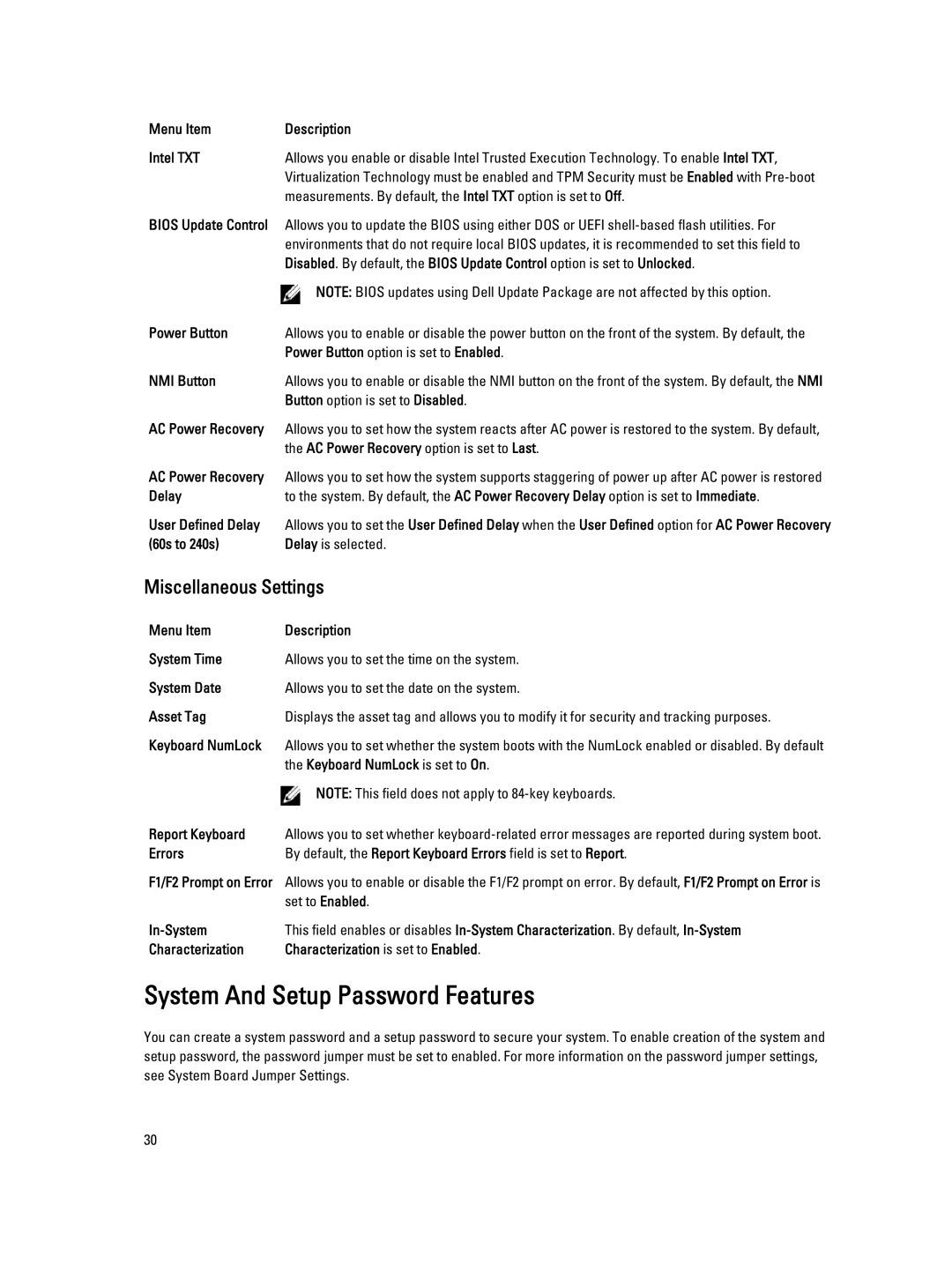 Dell R320 owner manual System And Setup Password Features, Miscellaneous Settings 