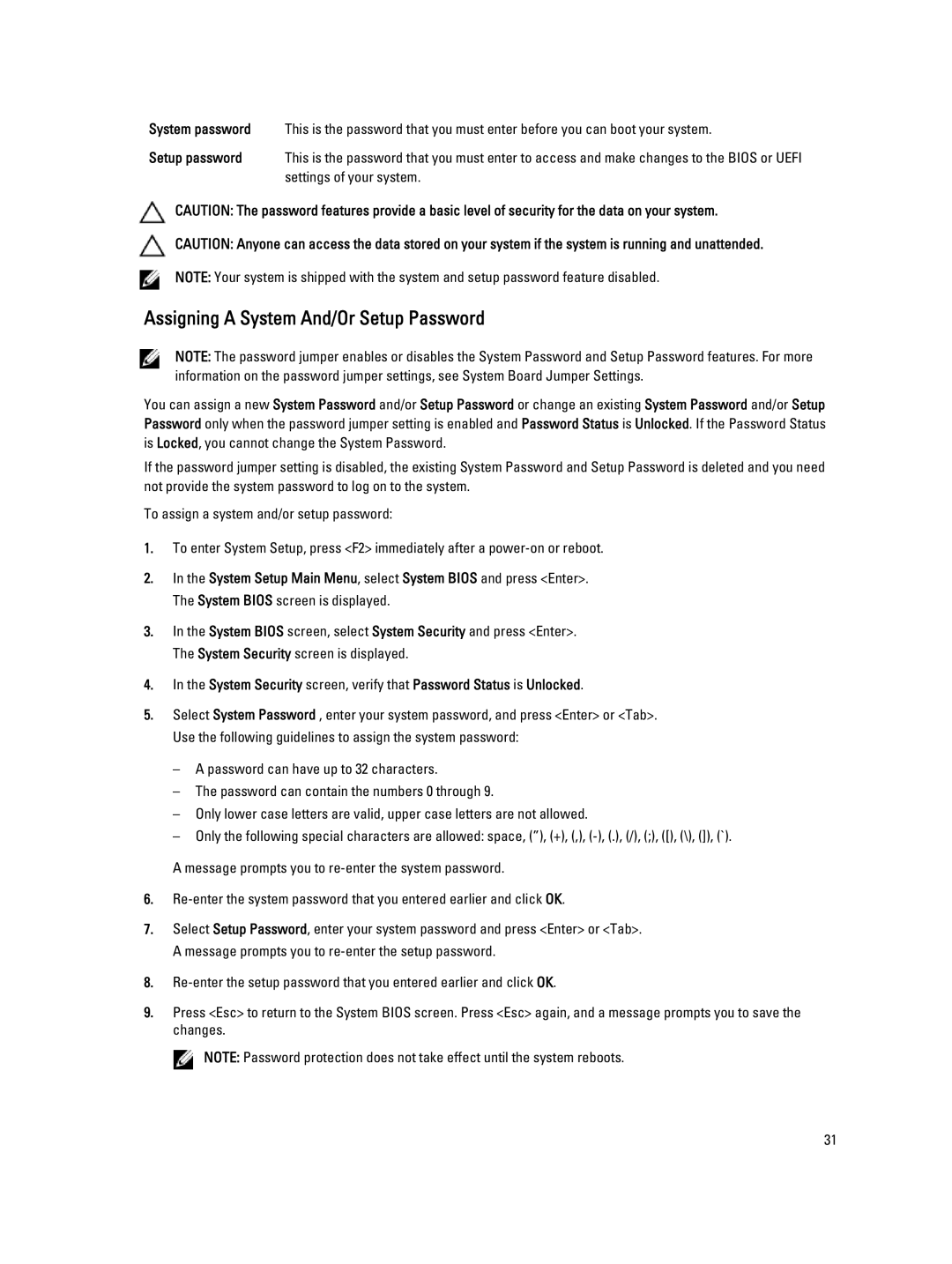 Dell R320 owner manual Assigning a System And/Or Setup Password 