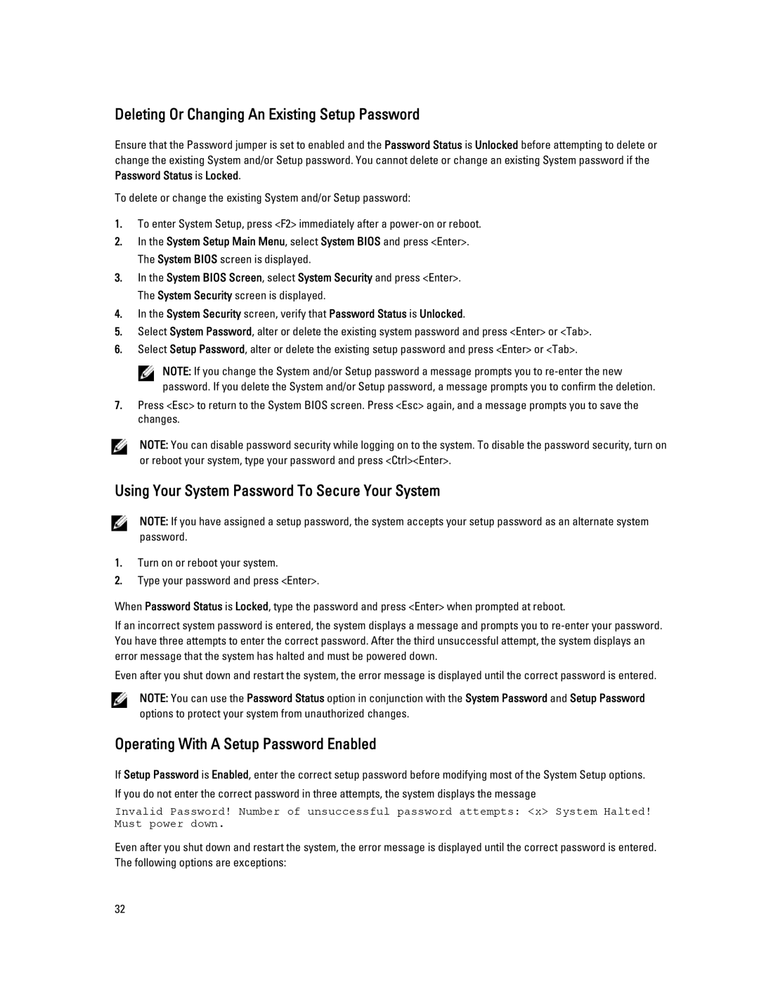 Dell R320 owner manual Deleting Or Changing An Existing Setup Password, Using Your System Password To Secure Your System 