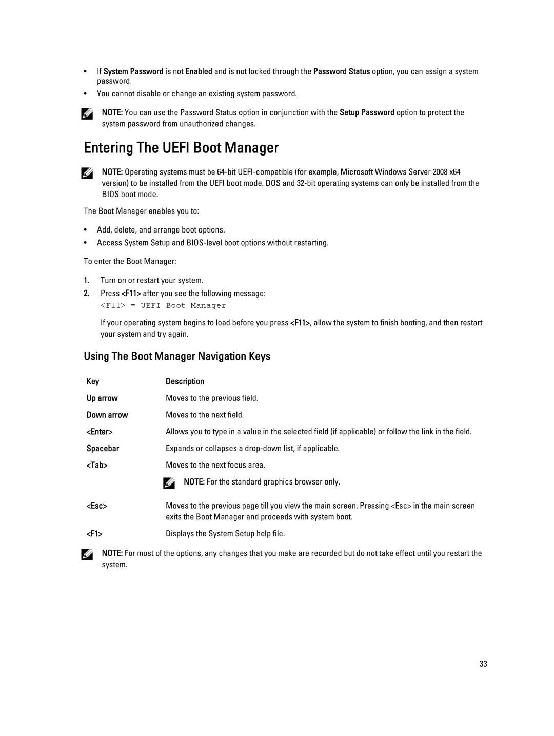 Dell R320 Entering The Uefi Boot Manager, Using The Boot Manager Navigation Keys, Displays the System Setup help file 