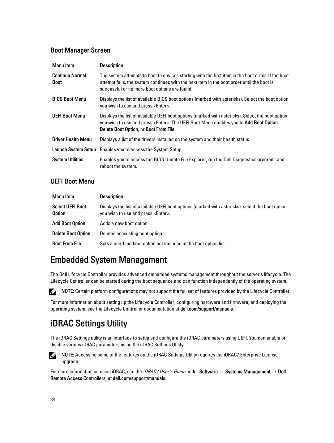 Dell R320 owner manual Embedded System Management, IDRAC Settings Utility, Boot Manager Screen 