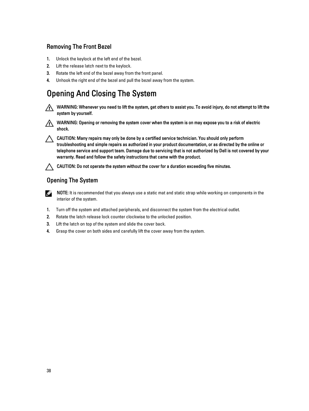 Dell R320 owner manual Opening And Closing The System, Removing The Front Bezel, Opening The System 