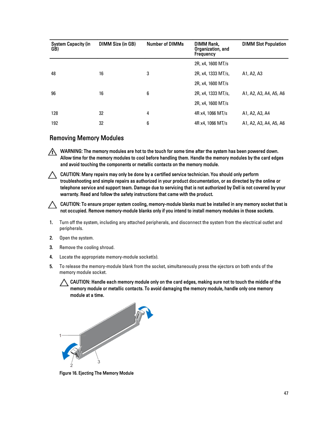 Dell R320 owner manual Removing Memory Modules, Ejecting The Memory Module 