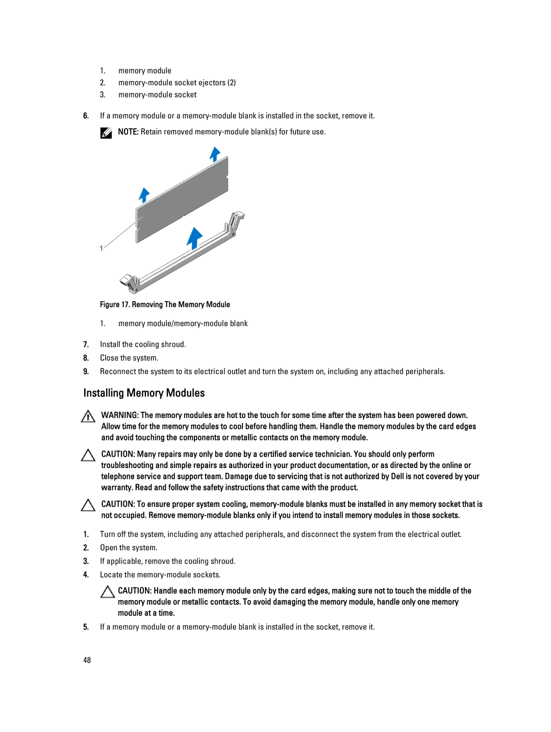 Dell R320 owner manual Installing Memory Modules, Removing The Memory Module 