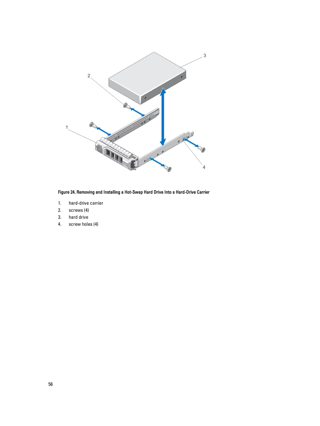 Dell R320 owner manual Hard-drive carrier Screws Hard drive Screw holes 