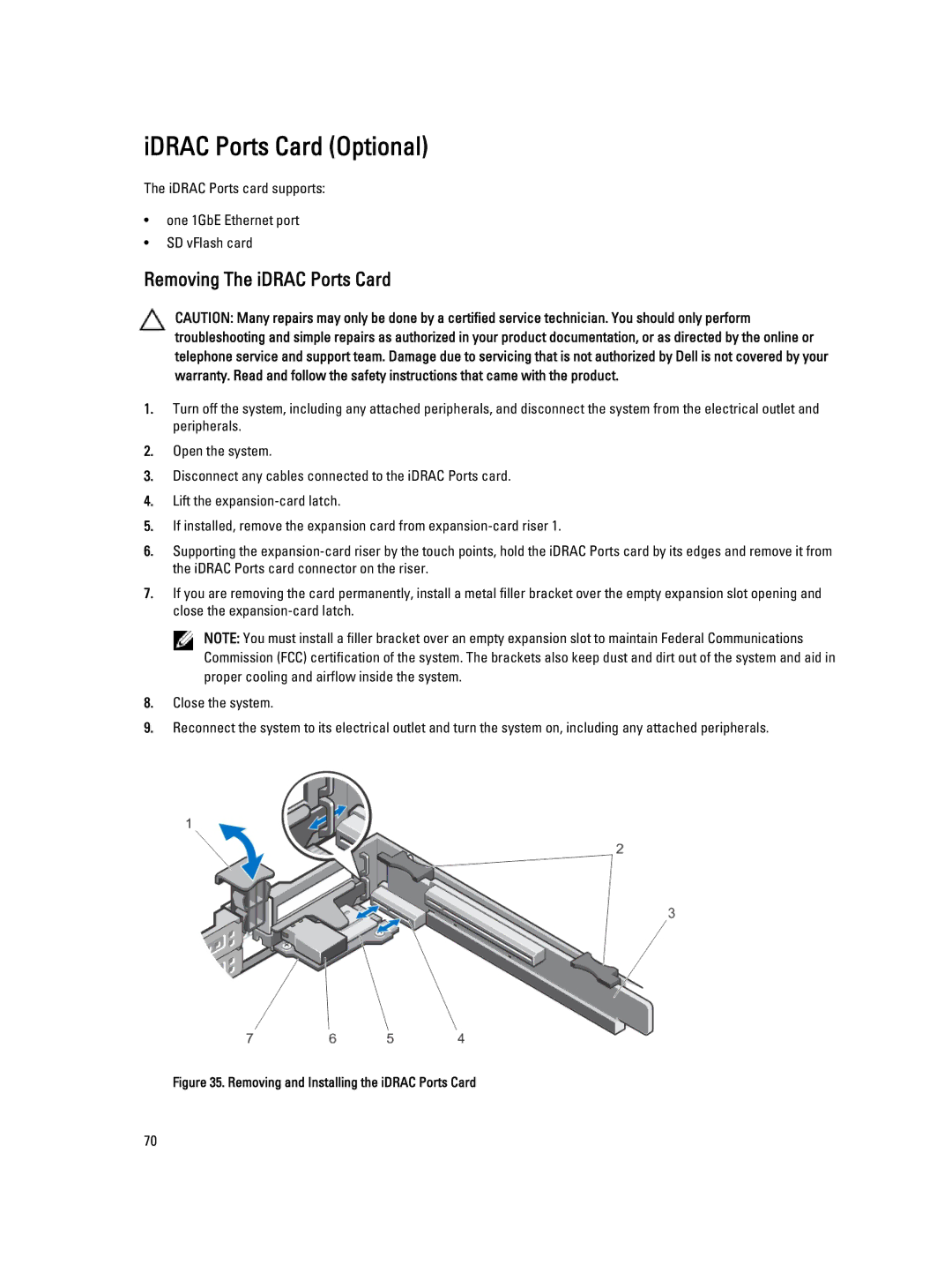 Dell R320 owner manual IDRAC Ports Card Optional, Removing The iDRAC Ports Card 