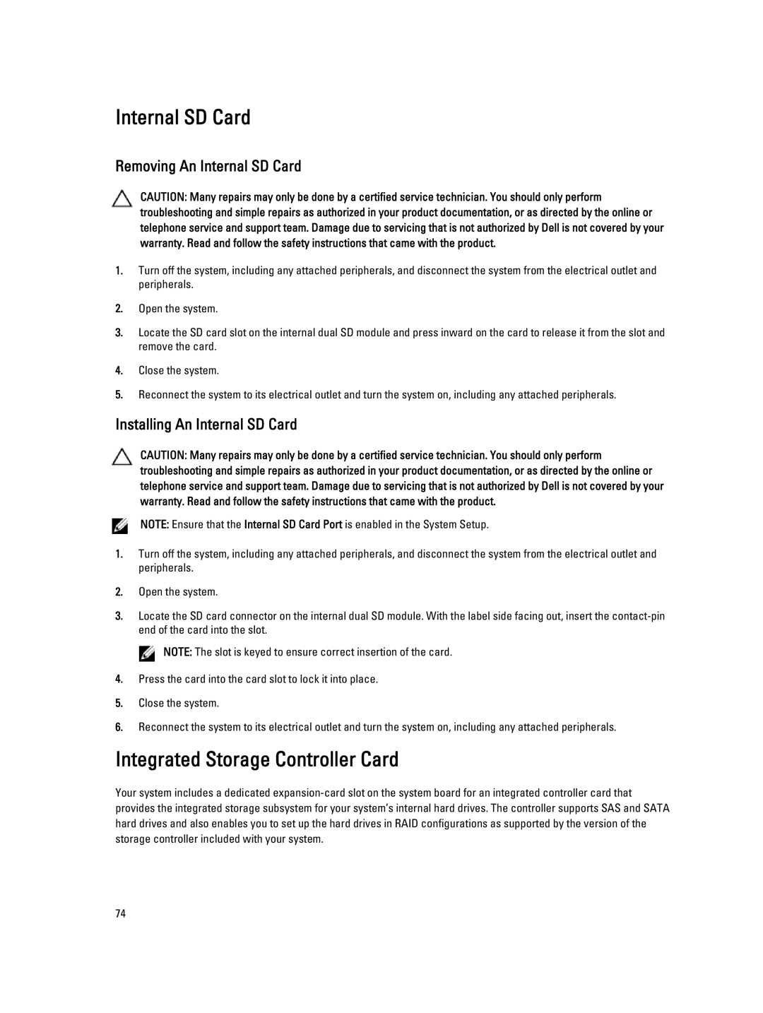 Dell R320 owner manual Integrated Storage Controller Card, Removing An Internal SD Card, Installing An Internal SD Card 