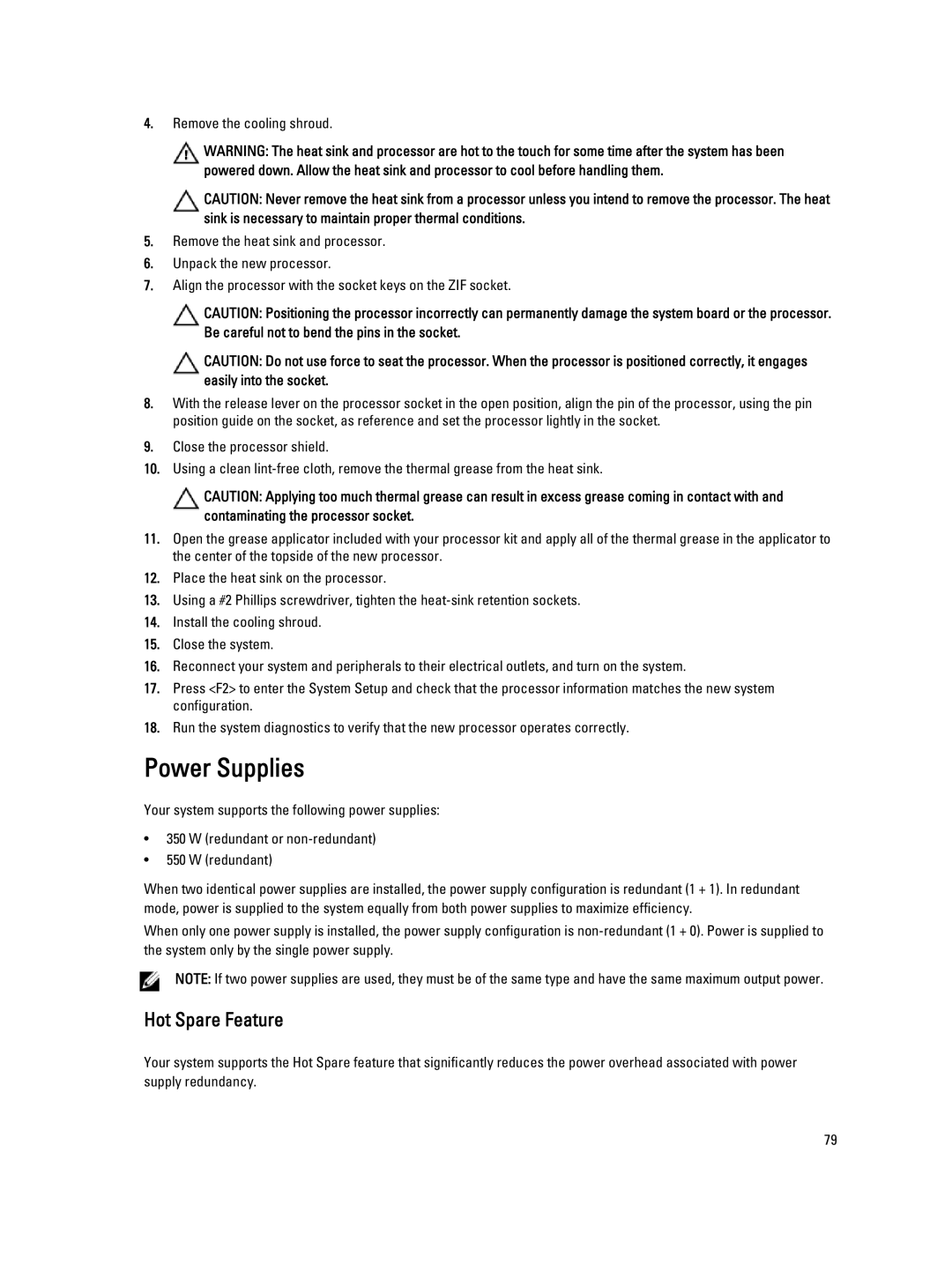 Dell R320 owner manual Power Supplies, Hot Spare Feature 