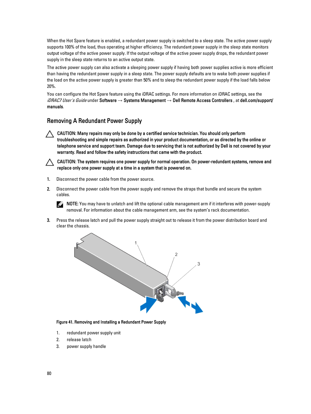 Dell R320 owner manual Removing a Redundant Power Supply, Removing and Installing a Redundant Power Supply 