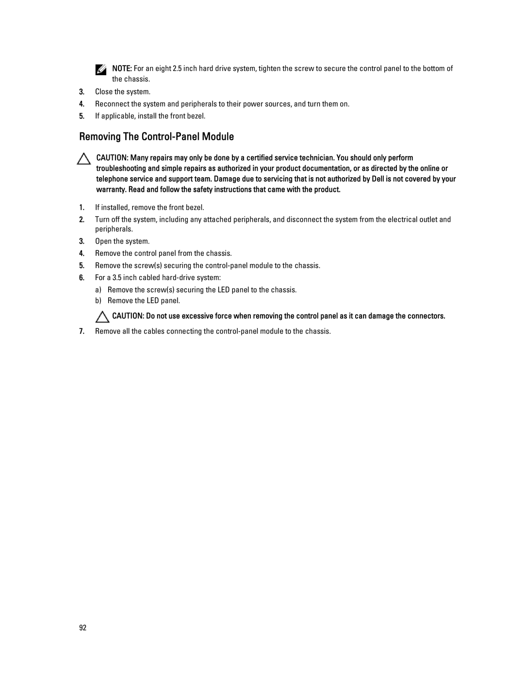 Dell R320 owner manual Removing The Control-Panel Module 