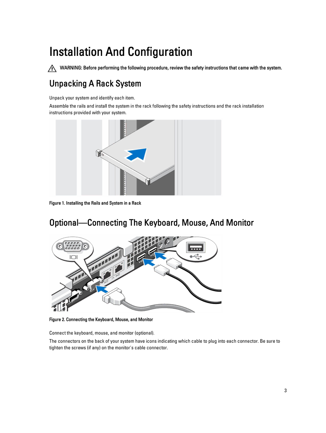 Dell R320 manual Unpacking a Rack System, Optional-Connecting The Keyboard, Mouse, And Monitor 