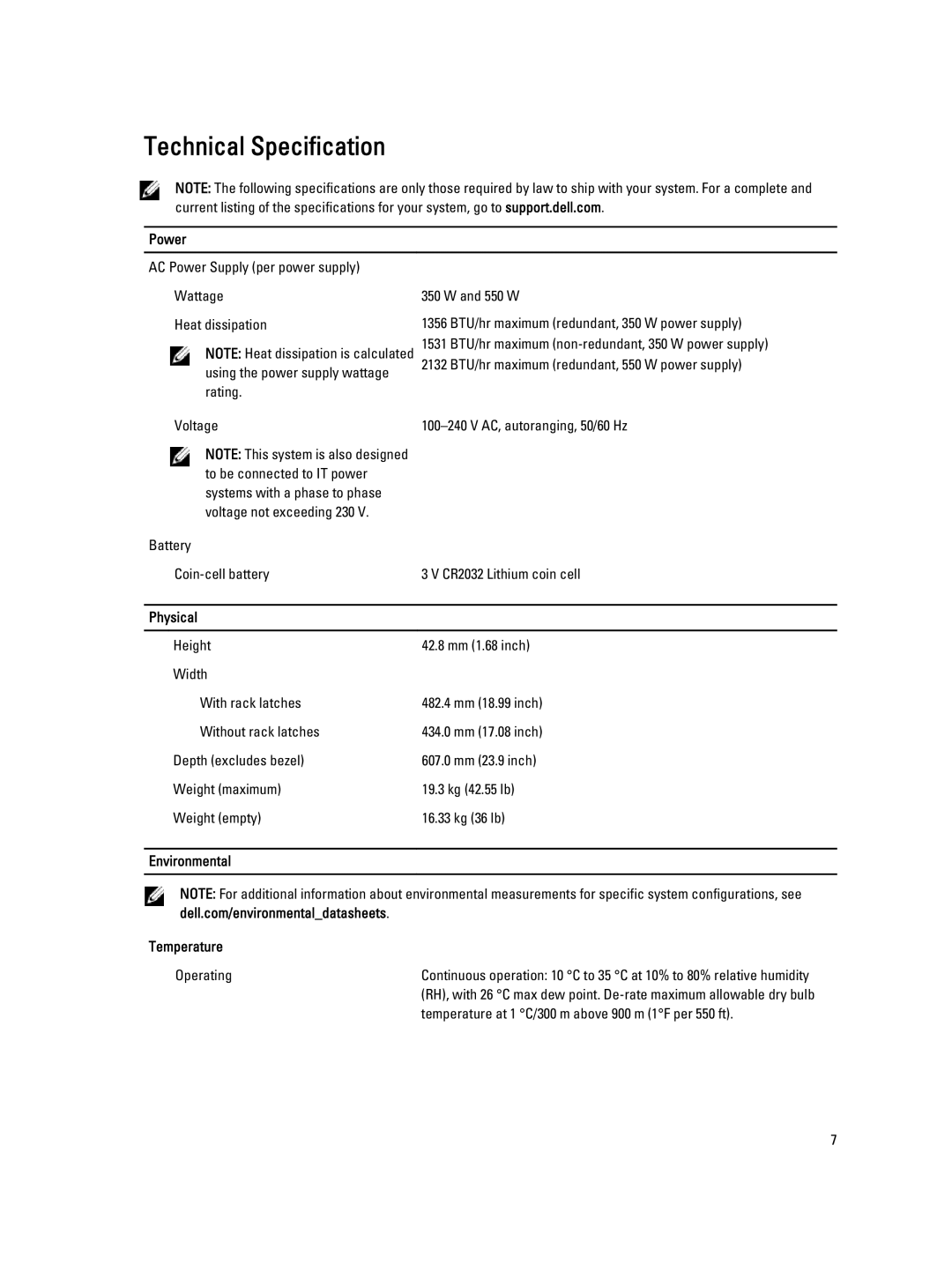 Dell R320 manual Technical Specification, Power, Physical, Environmental Temperature 