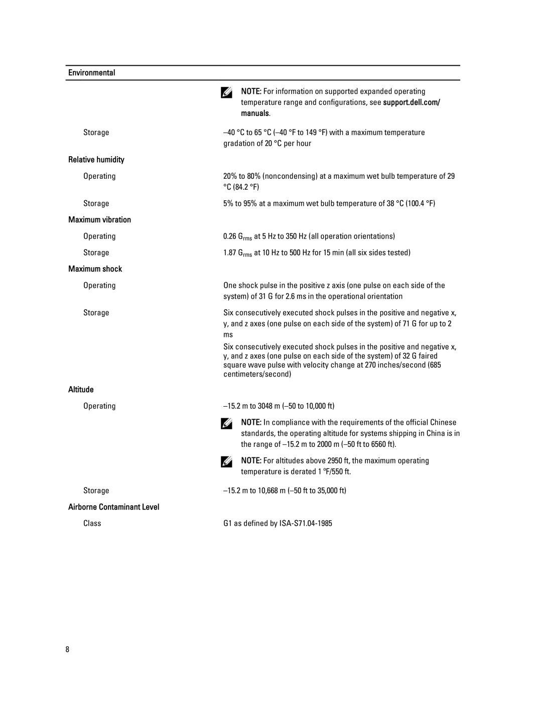 Dell R320 manual Environmental, Manuals, Relative humidity, Maximum vibration, Maximum shock, Altitude 