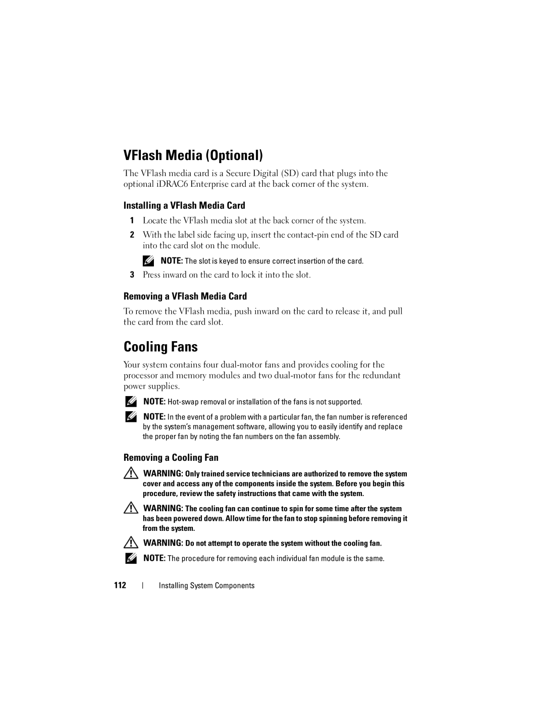 Dell R410 owner manual VFlash Media Optional, Cooling Fans, Installing a VFlash Media Card, Removing a VFlash Media Card 