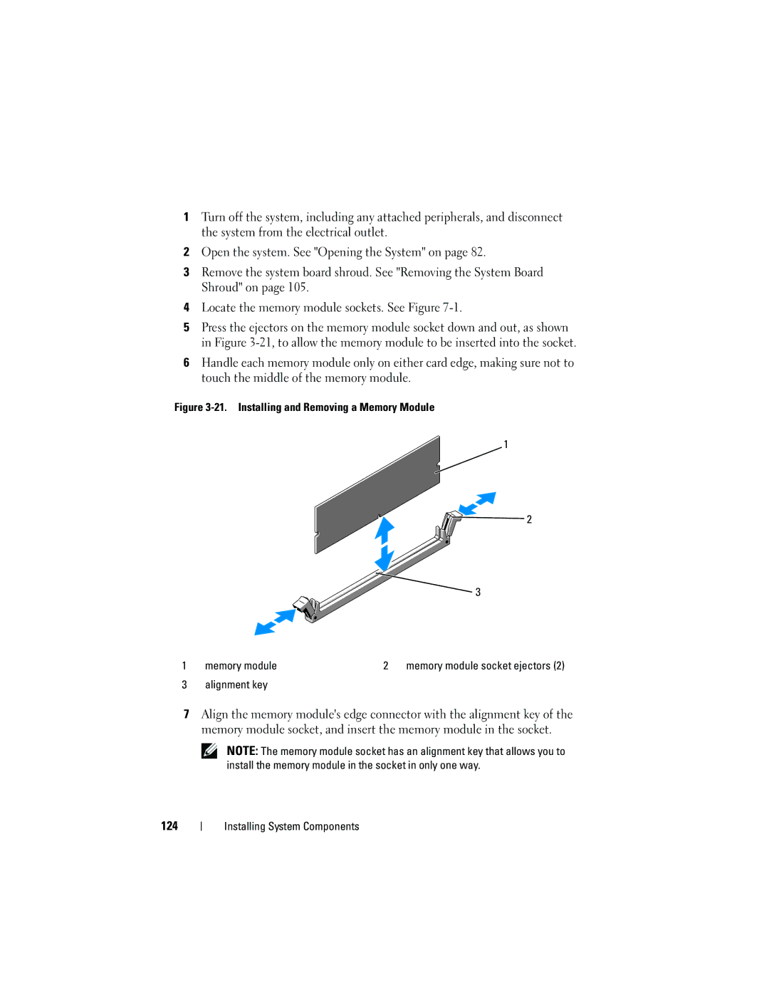 Dell R410 owner manual 124, Installing and Removing a Memory Module Memory module 