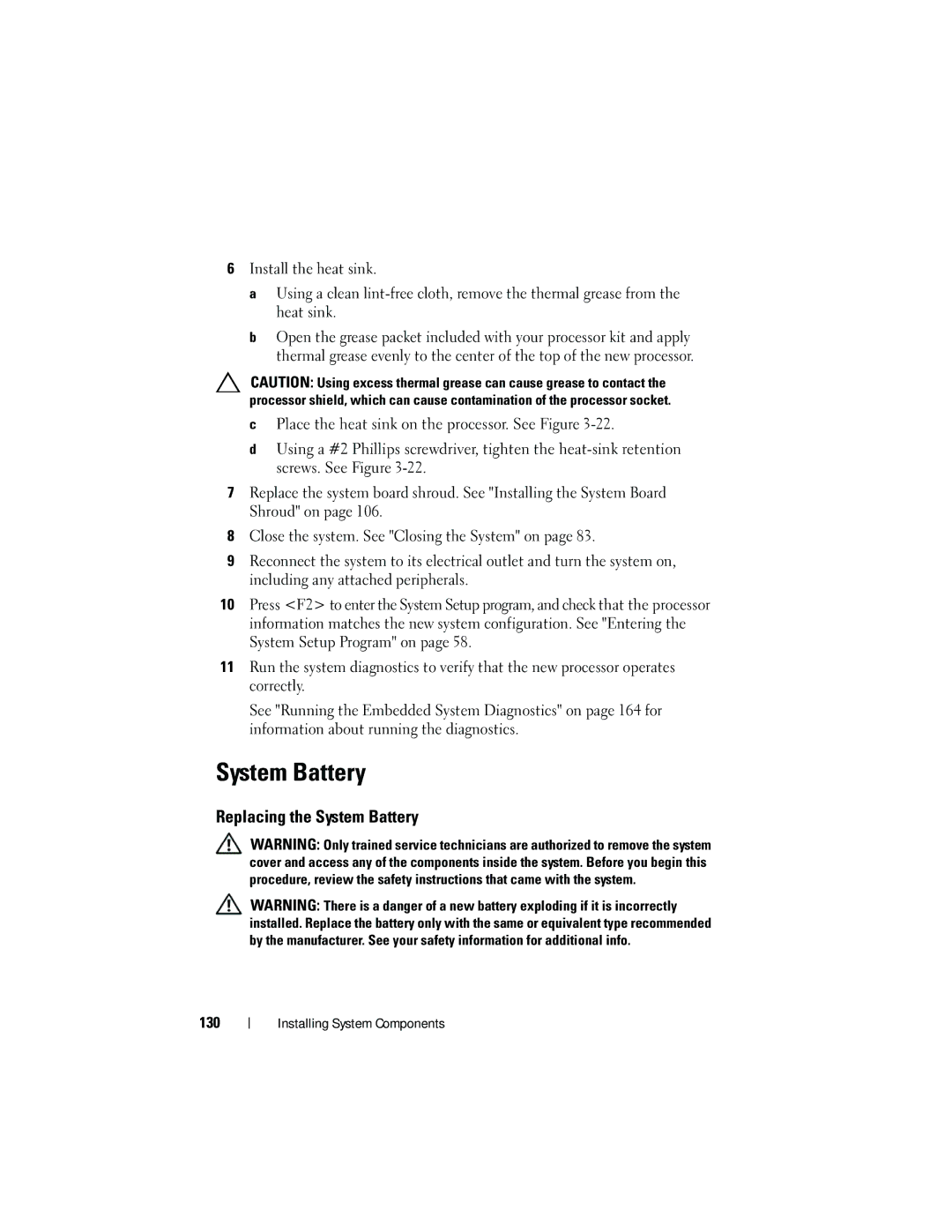 Dell R410 owner manual Replacing the System Battery, 130 