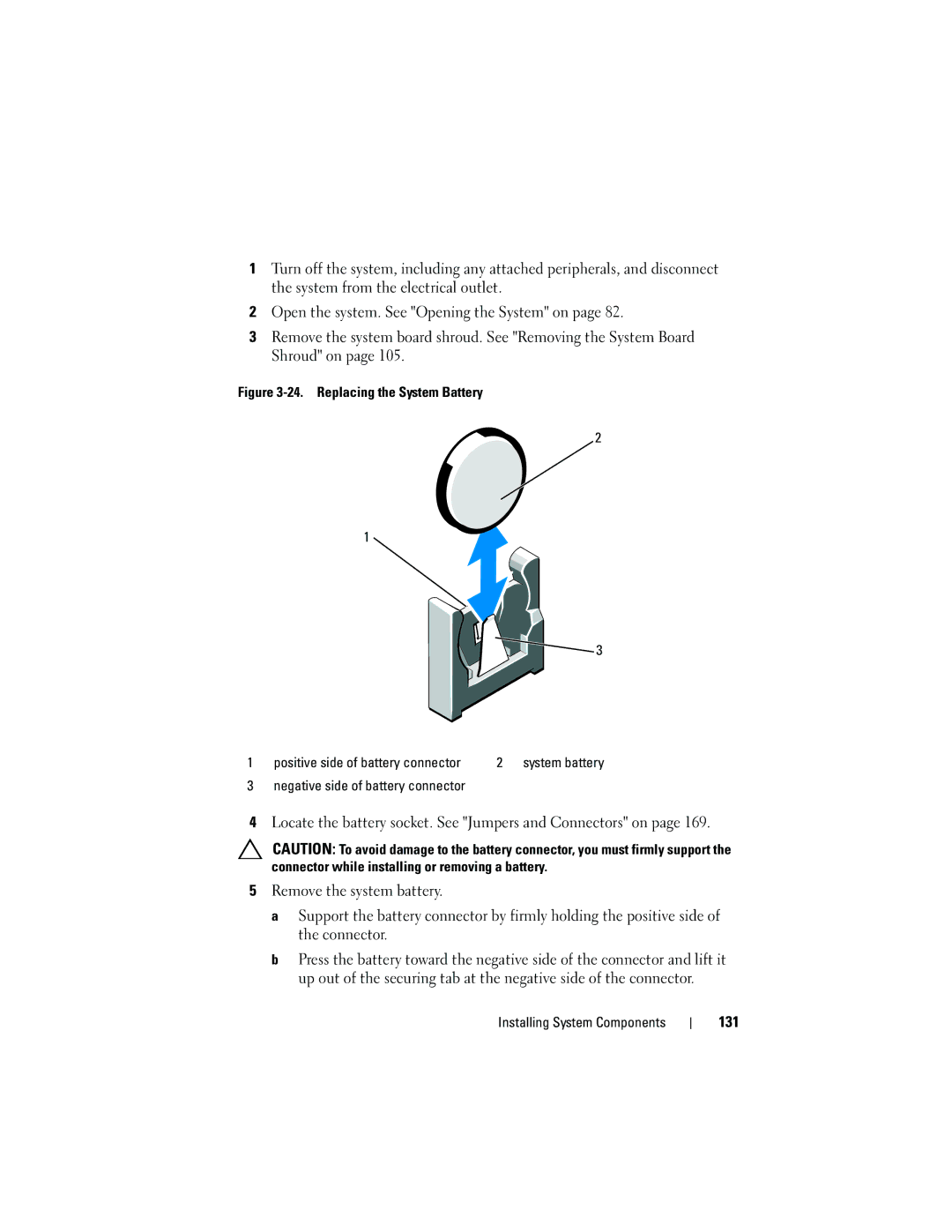 Dell R410 owner manual 131, Replacing the System Battery 