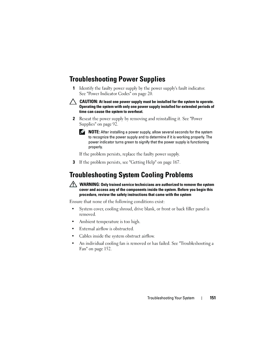 Dell R410 owner manual Troubleshooting Power Supplies, Troubleshooting System Cooling Problems, 151 