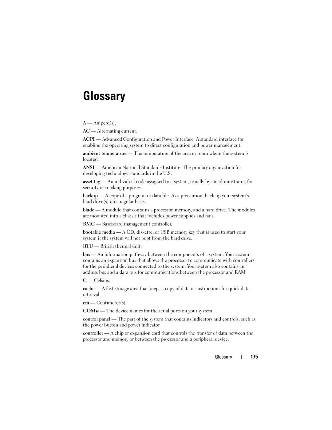 Dell R410 owner manual 175, Amperes AC Alternating current, Glossary 